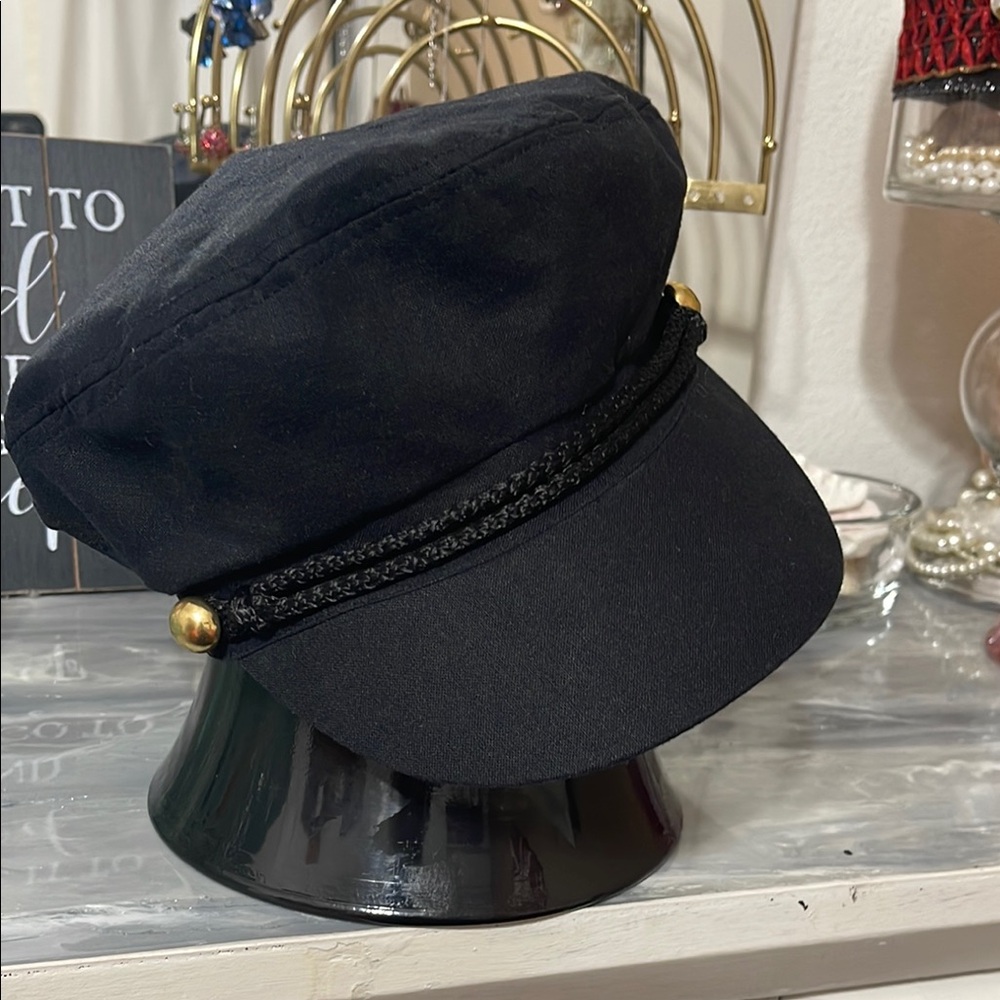 Black and Gold Beret Hat with Braided Detail